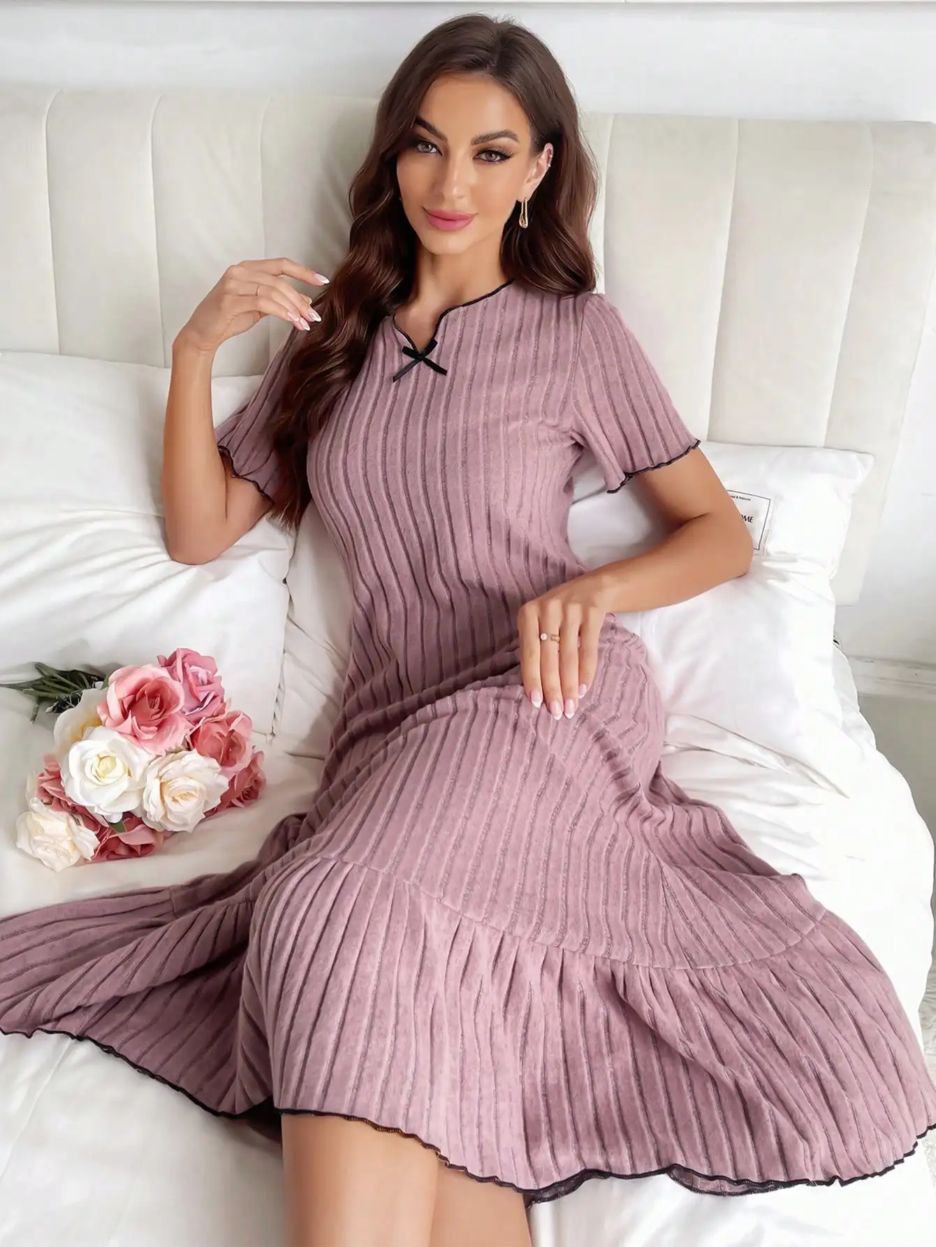 

Women's Ribbed Midi Dress with Contrast Trim and Bow Detail