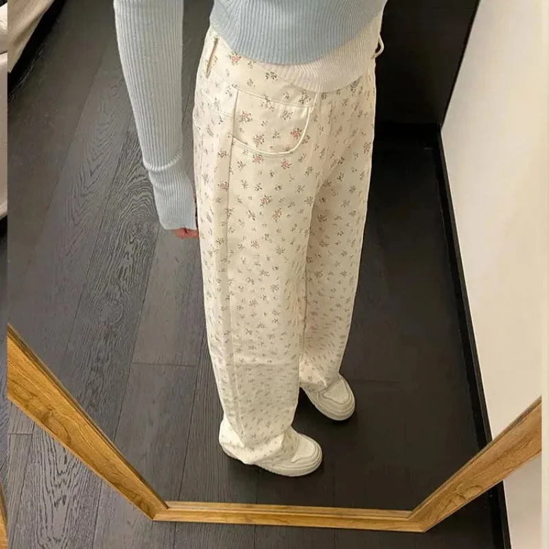 Floral Patterns Straight Leg Jeans Women Summer 2025 New Korean High-waisted Loose-fit Casual Trousers Sweet Wide Pants