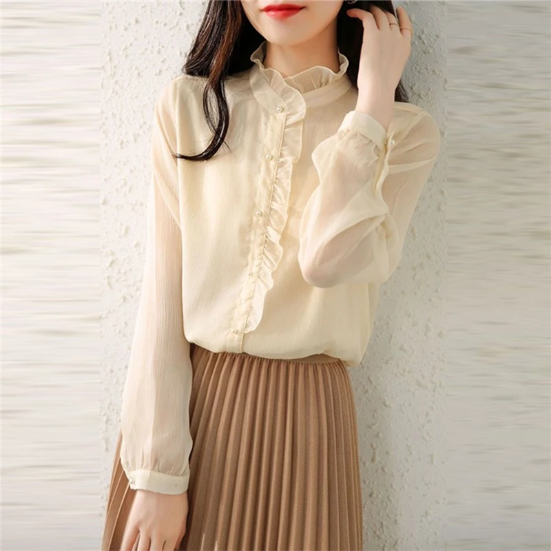 Women Elegant Chic Sweet Ruffle Stand Collar Beads Button Up Chiffon Shirts Casual Solid Long Sleeve Blouse Top Female Clothing