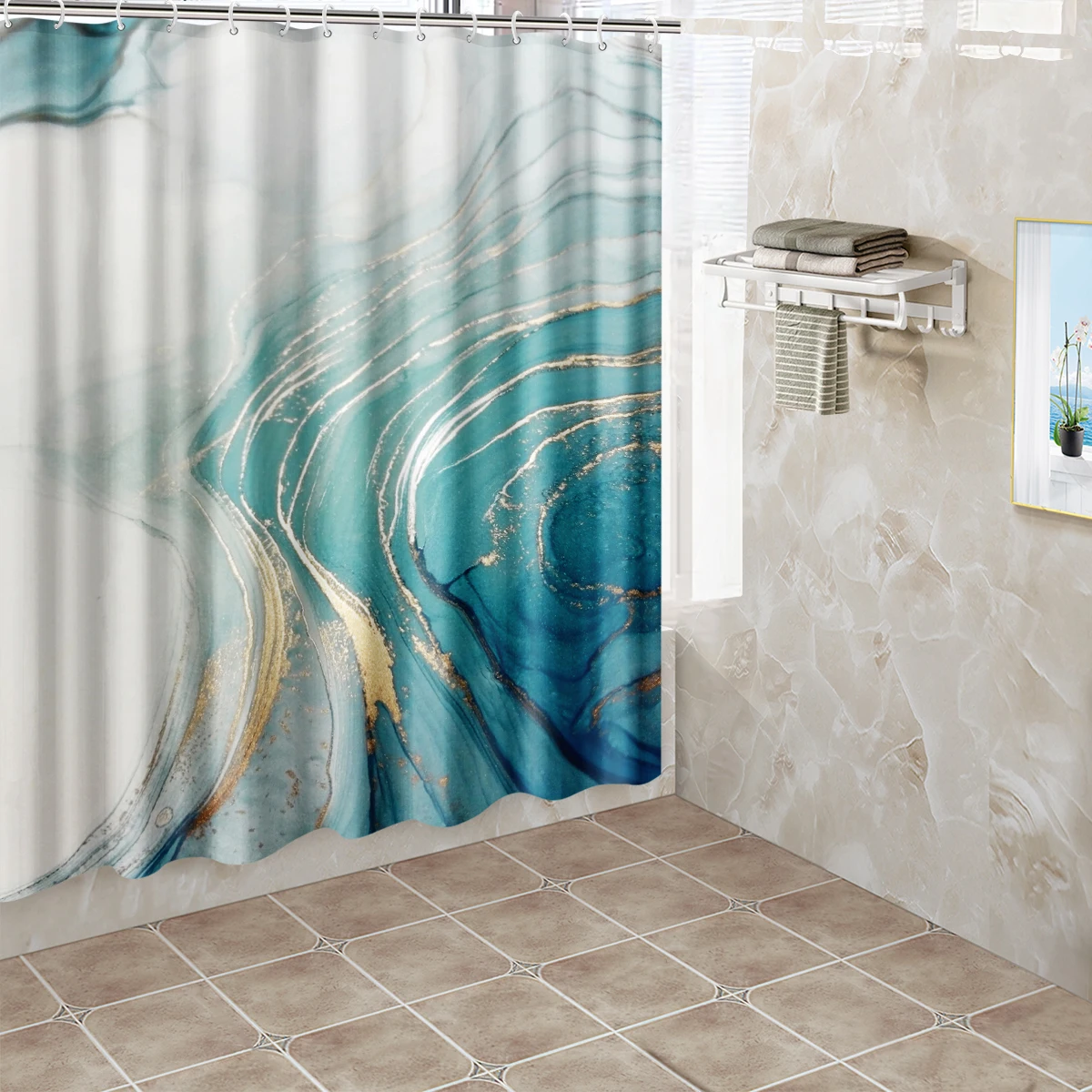 1pc Marble Pattern Shower Curtain Bathroom Partition Decorative Curtain Machine Washable Blue Marble Window Privacy Curtain