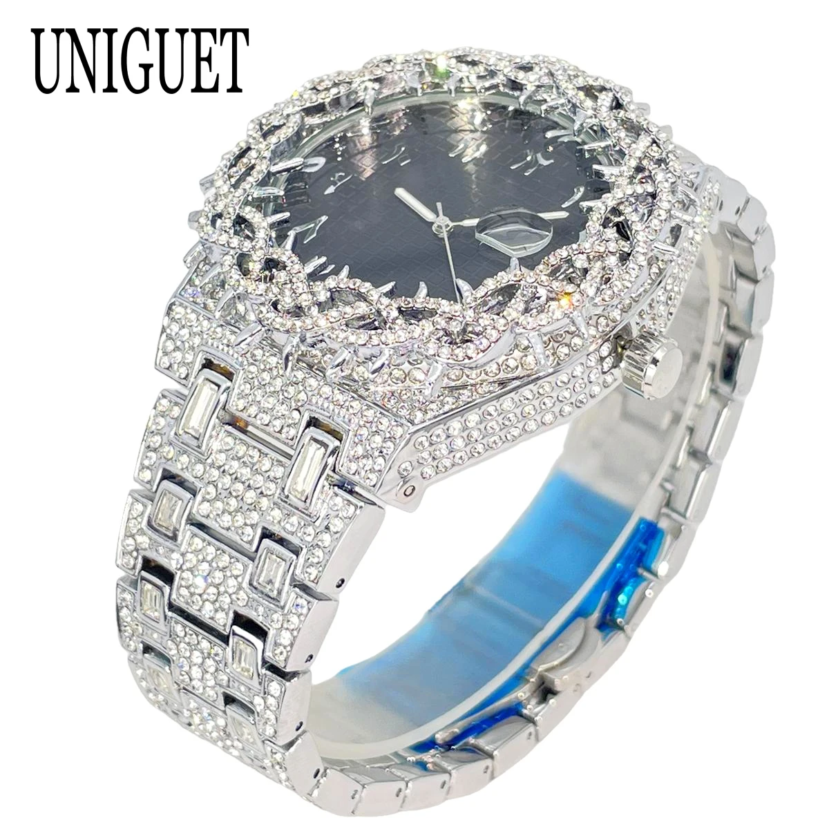 UNIGUET Ice Out Watch For Men Fashion Thorn Design Jewelry Clock Hip Hop Full Diamond Bling Quartz Wristwatch Man 2026 New