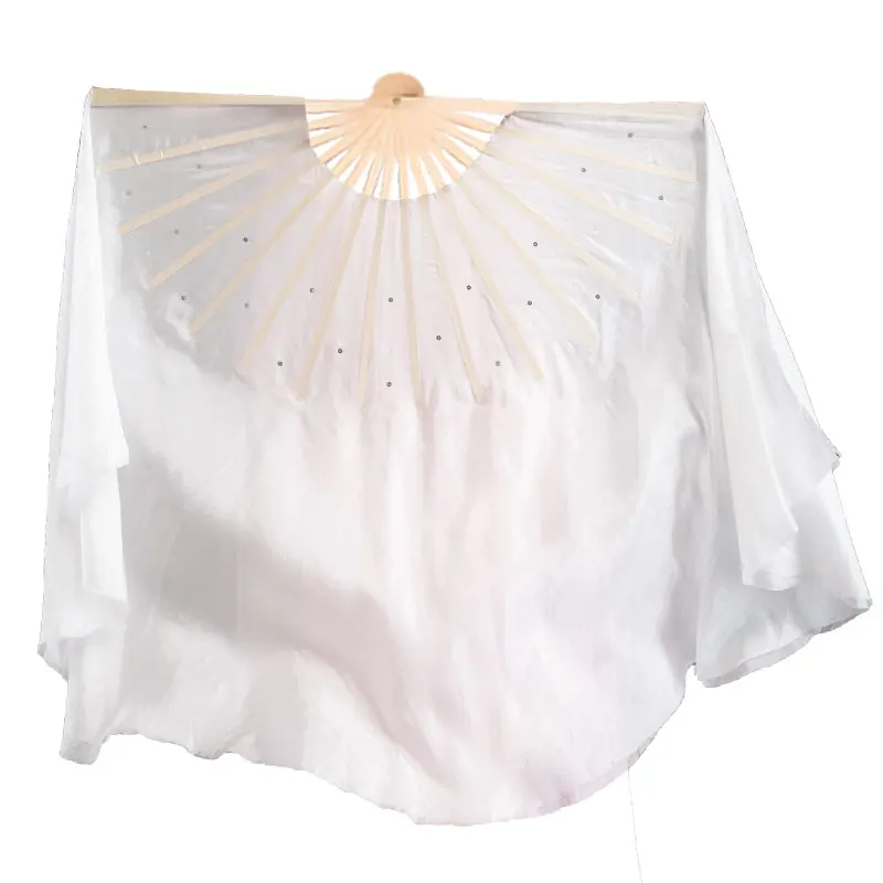 Long Fan Veils White Real Silk Chinese Traditional Bamboo Folding Fan Flowy Costume Accessory Women Belly Dance Prop White