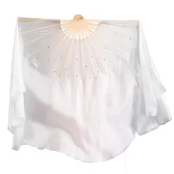 Long Fan Veils White Real Silk Chinese Traditional Bamboo Folding Fan Flowy Costume Accessory Women Belly Dance Prop White