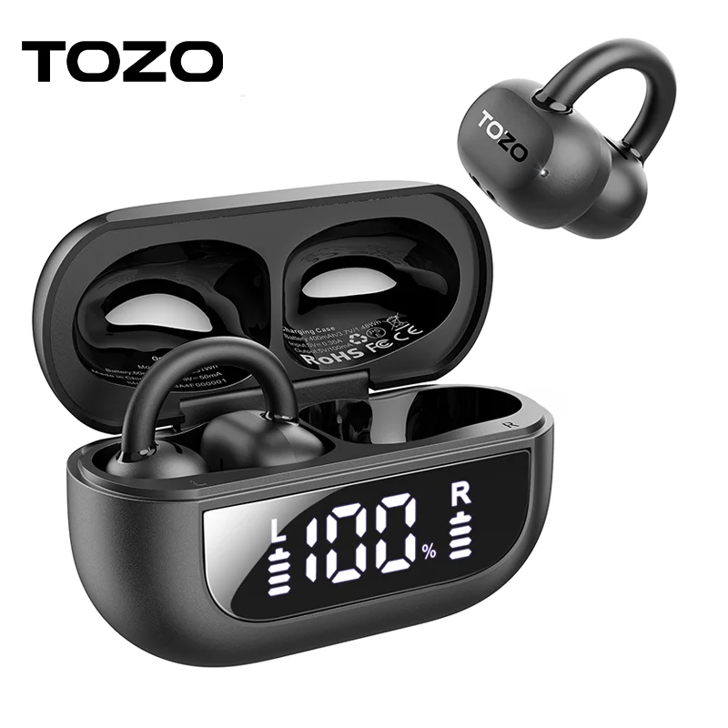 TOZO Open Earing Open Ear Earphone Ear Clip Wireless Headset Bluetooth TWS Earbuds in Mic with Earhooks for Running Sport