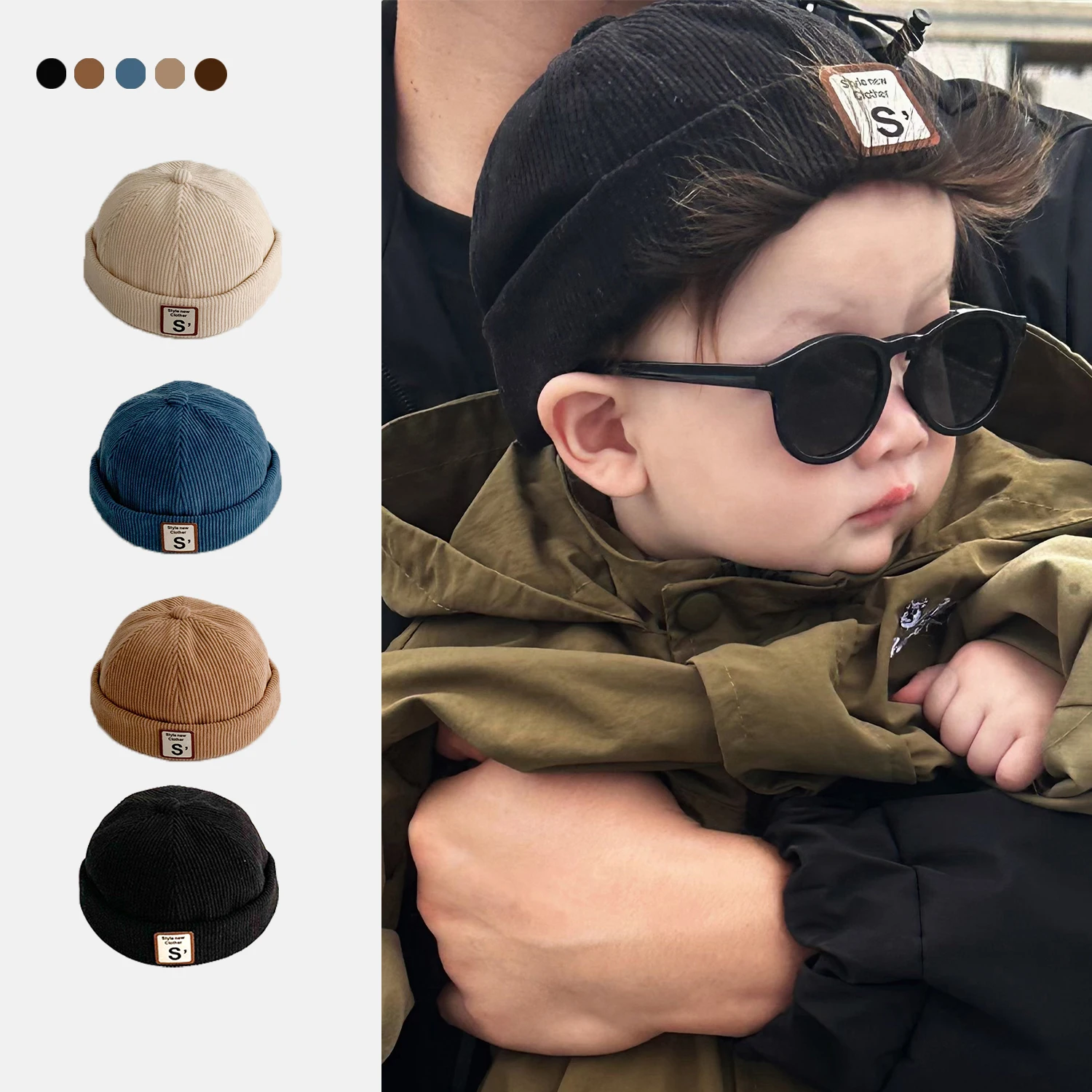 

Винтажная детская шапка с буквой S, однотонная вельветовая шапка-докер для малышей, осенне-зимняя теплая регулируемая детская шапка-бини для мальчиков и девочек