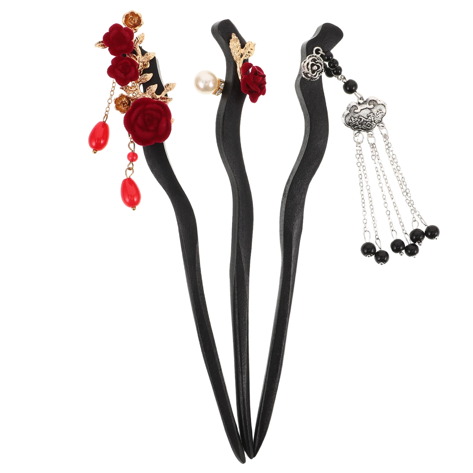 

3pcs Wooden Rose Hairpins Crafted Flower Design Vintage Tassel Hair Sticks for Women Hanfu Bun Holders Chinese Wedding Hair
