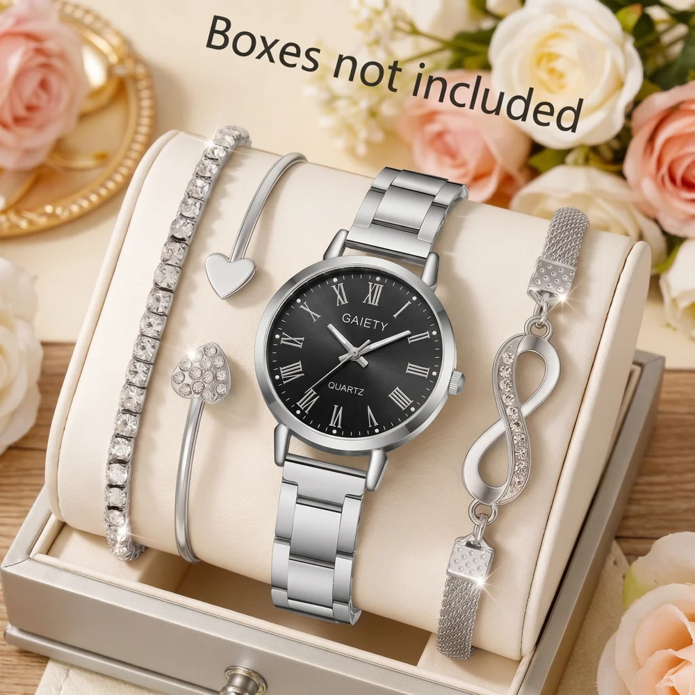 4Pcs/Set Unisex Jewelry Watches Women's Wristwatch Accessories Silver Black Trendy Fashionable Elegant Classic Exquisite Light Luxury Rhinestone Luxury Roman Numeral Dial Round Dial Quartz Watch Set Y2K Suitable for Travel, Parties, Daily Outfits, Perfect Birthday and Holiday Gift