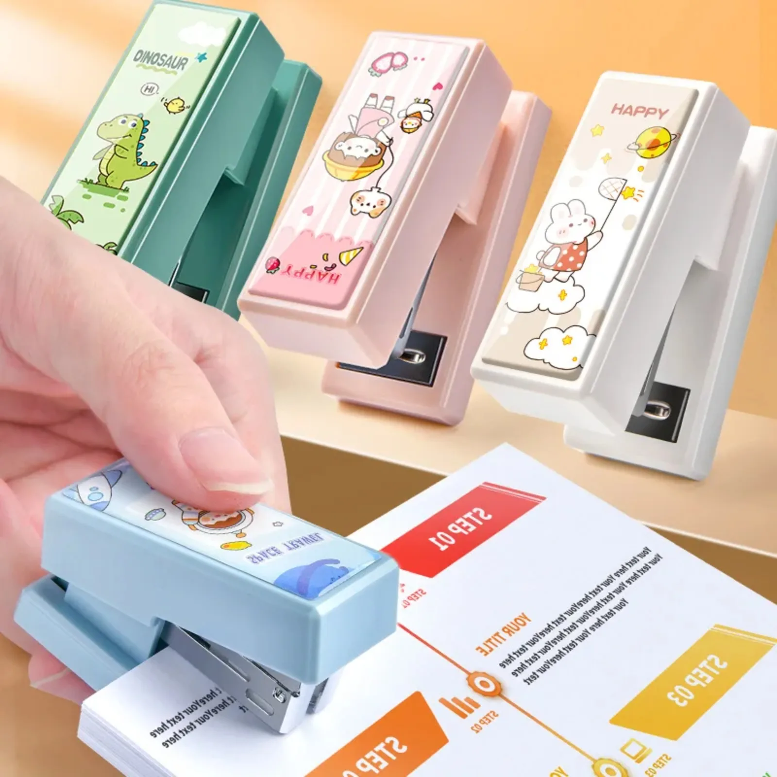 Kawaii kartun hewan Mini portabel Stapler Set dengan 400 buah Staples kertas Binder alat tulis kantor mengikat alat