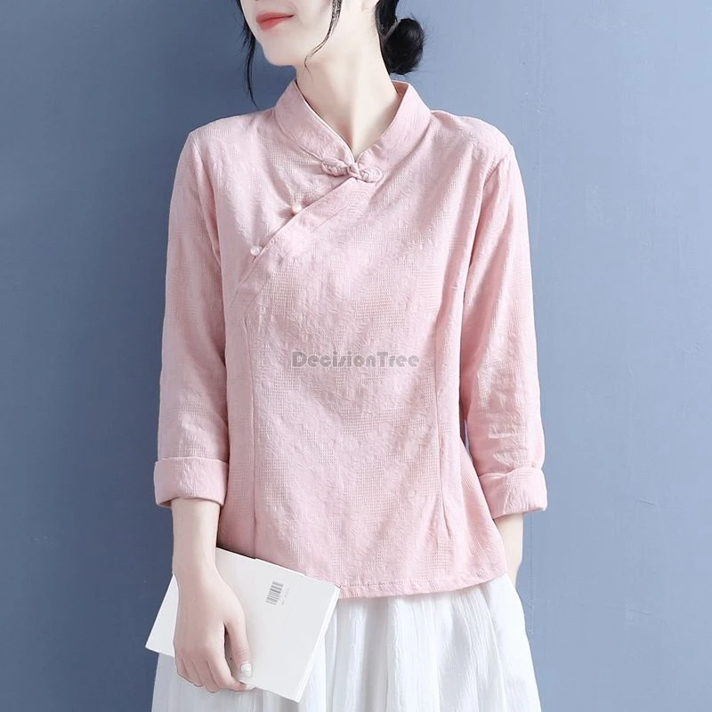 2024 cotton linen jacquard long sleeve top chinese style loose slim fashion design sense blouse retro literature art zen tea top