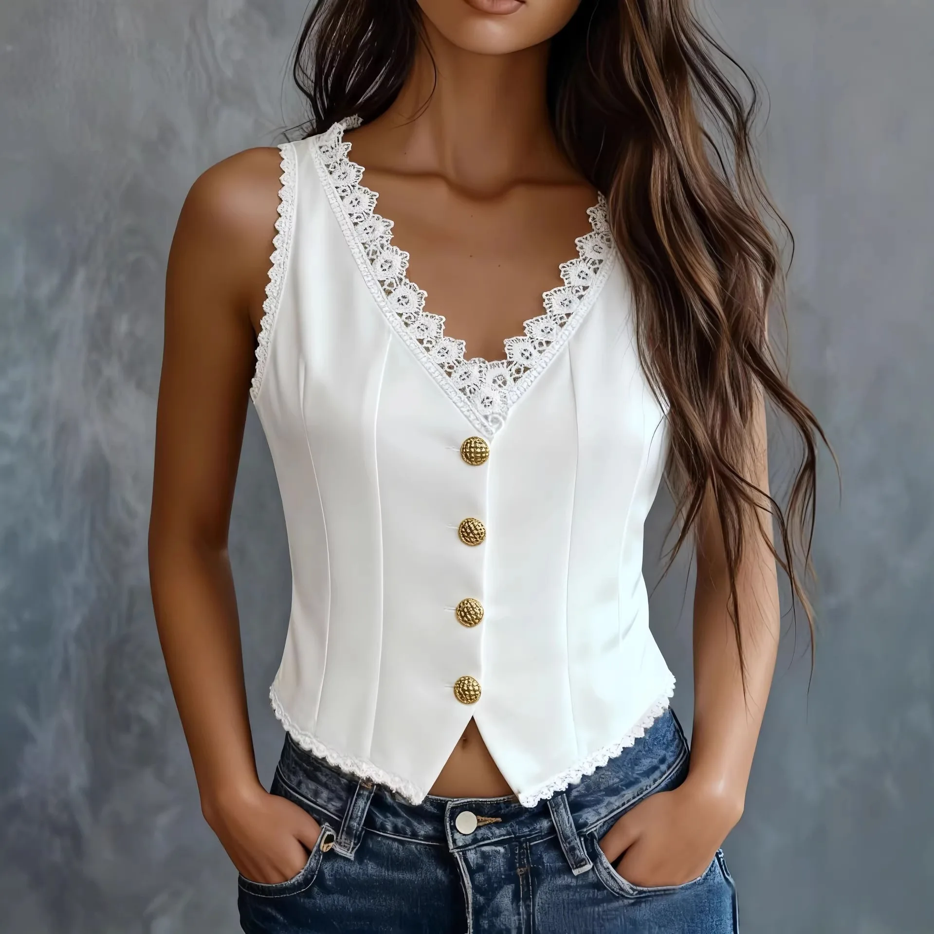 

Women Lace Patchwork Vest Sexy Deep V Neck Single Breasted Crop Top Sleeveless Button Corset Top Fashion Party Club Streetwear