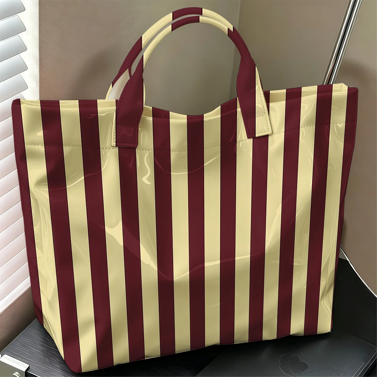 Burgundy & Cream Vertical Stripe Hot Sale Large Glossy PVC Tote Bag Hand Washable Waterproof Great for Travel Commute Handbags