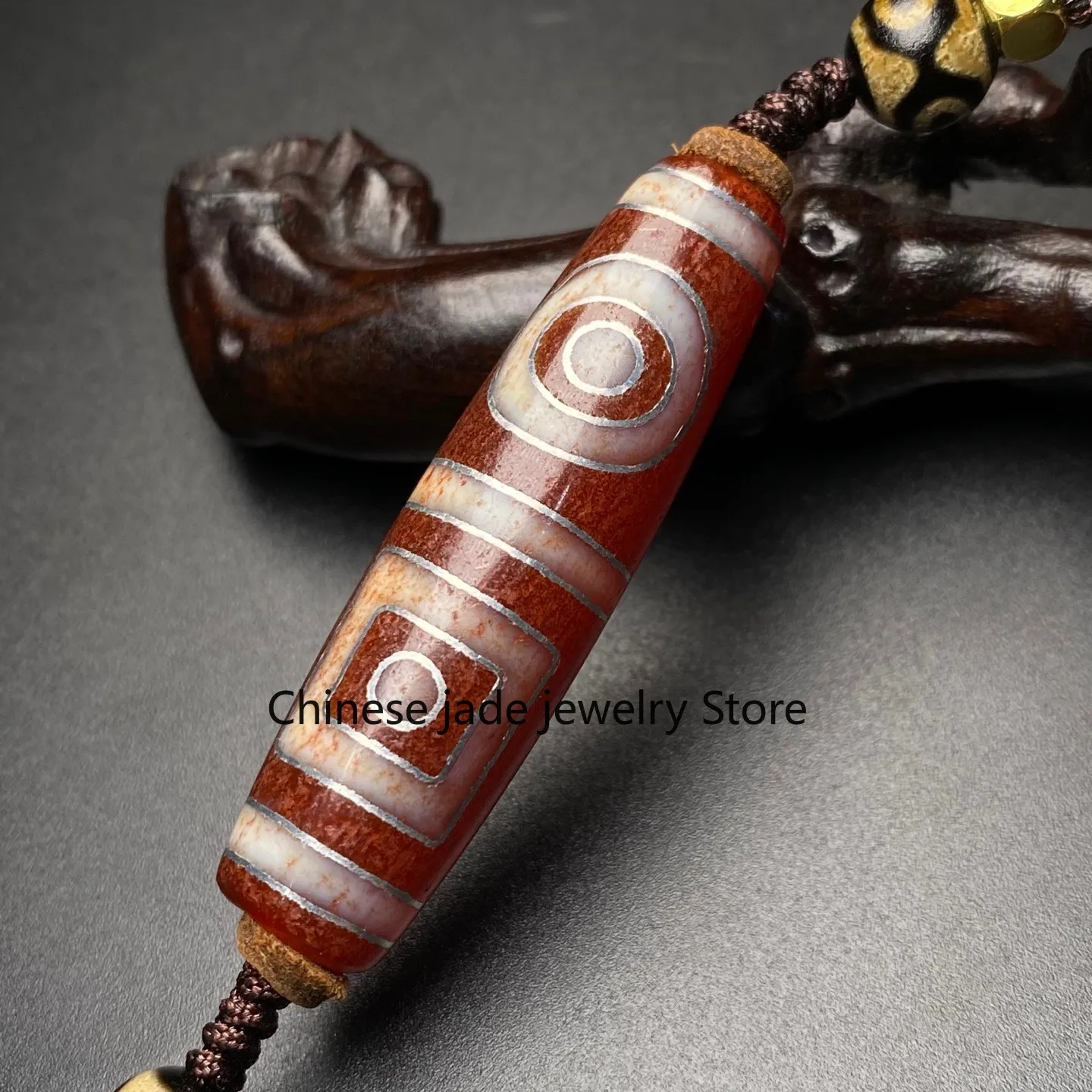 Tibetan Buddhism Agate Inlaid Silver Wire Heaven Earth Dzi Bead Pendant G4769