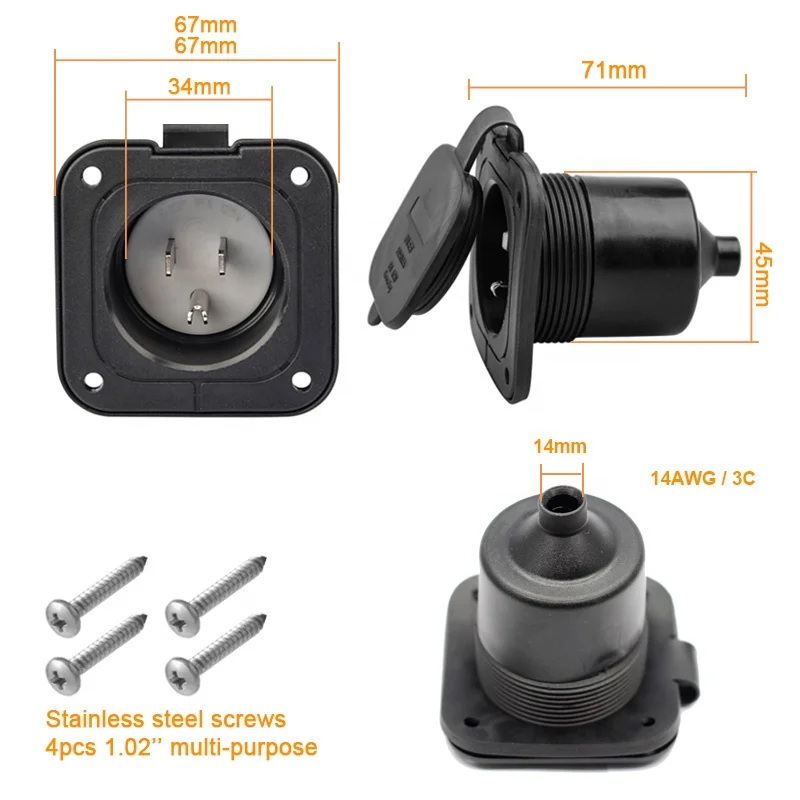 15 Amp 125 Volt NEMA 5-15P 3 Wire Stainless Steel AC Plug Waterproof Cover Flange Inlet for Marine/Marine RV Shore Power STL