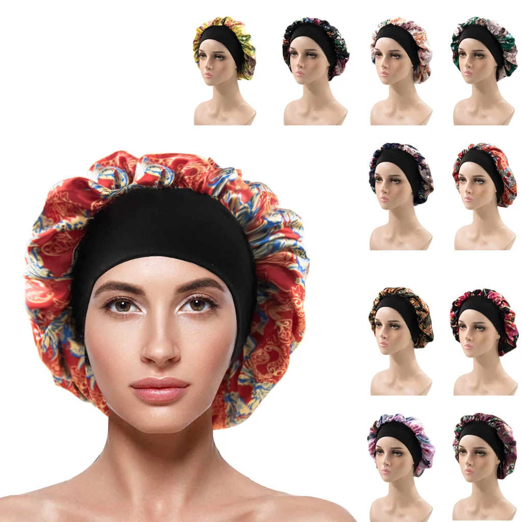 Floral Satin Night Sleep Bath Cap Bonnet Hair Care Hat Head Wrap