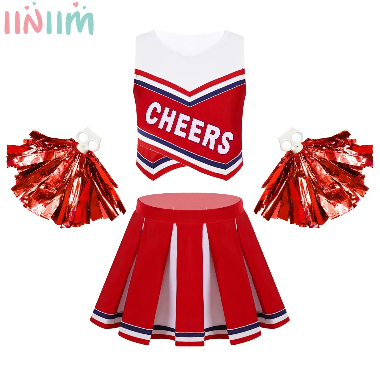 

Kids Girls Sports Cheerleading Dance Uniform Sleeveless Vest Top with Pleated Skirt and Tassel Flower Balls Cheer Leader Outfits