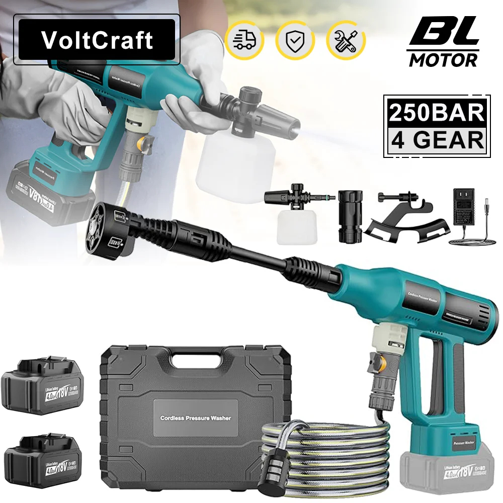 250Bar Brushless Electric High Pressure Washer 6 IN1 Cordless 4 Gears Car Wash Water Gun Garden Spray Gun for Makita 18V Battery