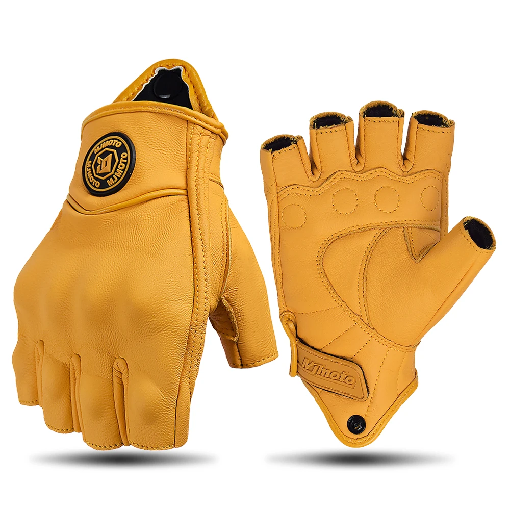 MJMOTO Retro Leder Motorrad Halbfingerhandschuhe Touchscreen Motocross Handschuhe Hartschalenschutz Motorradhandschuh Atmungsaktiv
