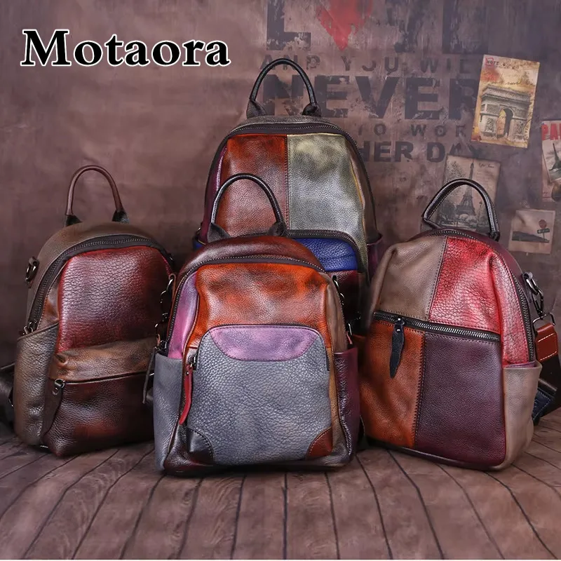 

MOTAORA Women's Cowhide-Patchwork Backpack - Luxury Soft Leather Fashion Book Bag for Lady Designer Tote