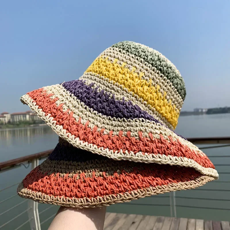 Fashion Rainbow Color Hand-woven Sun Hat for Women Summer Beach Caps Folding Sun Protection Korean Straw Hats Accessories