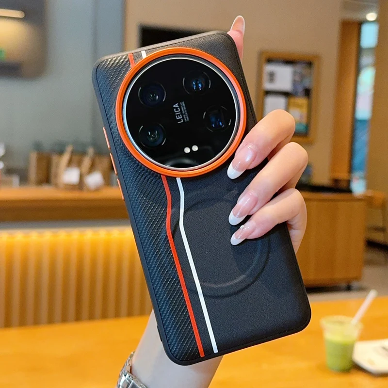 

Для Xiaomi 14 15 Ultra чехол Magsafe из углеродного волокна с рисунком веганской кожи контрастного цвета, мягкая силиконовая задняя крышка из ТПУ