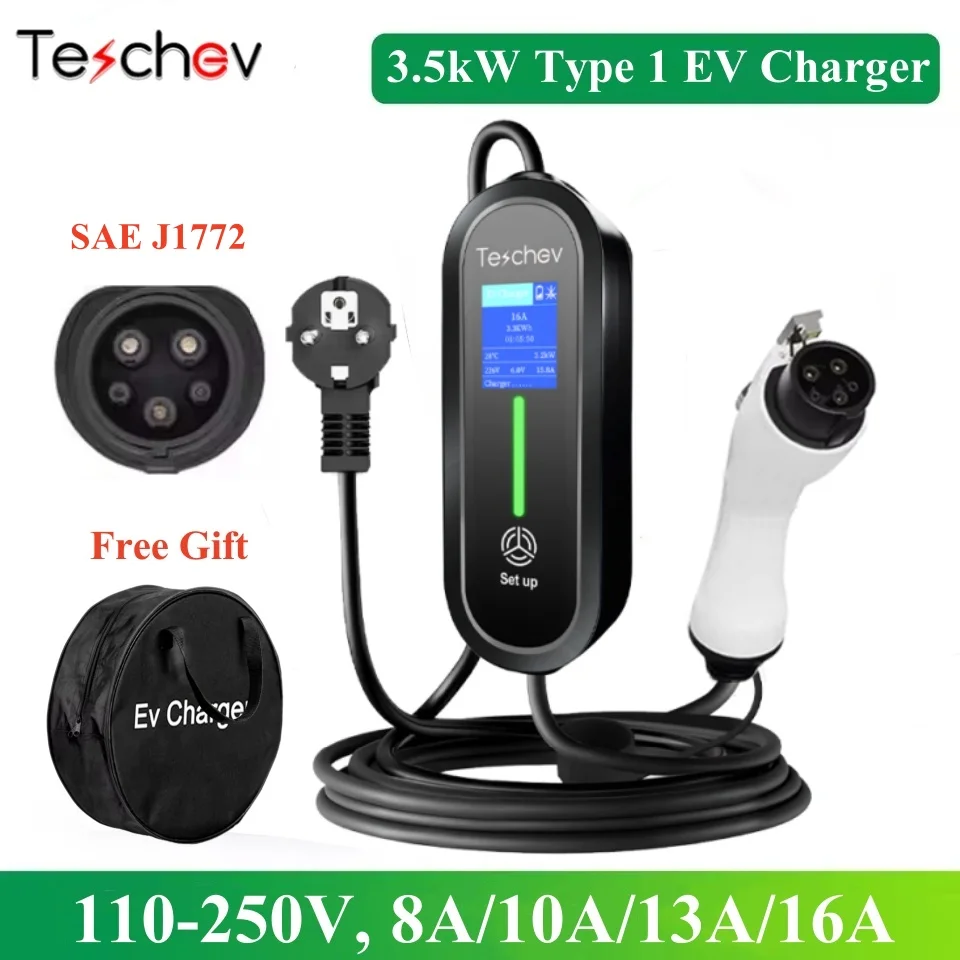 Chargeur EV portable Teschev Type1 SAE J1772 Wallbox 3.5KW 16A IP65 Câble de charge EV pour Tesla Kia Hyundai Nissan Dacia