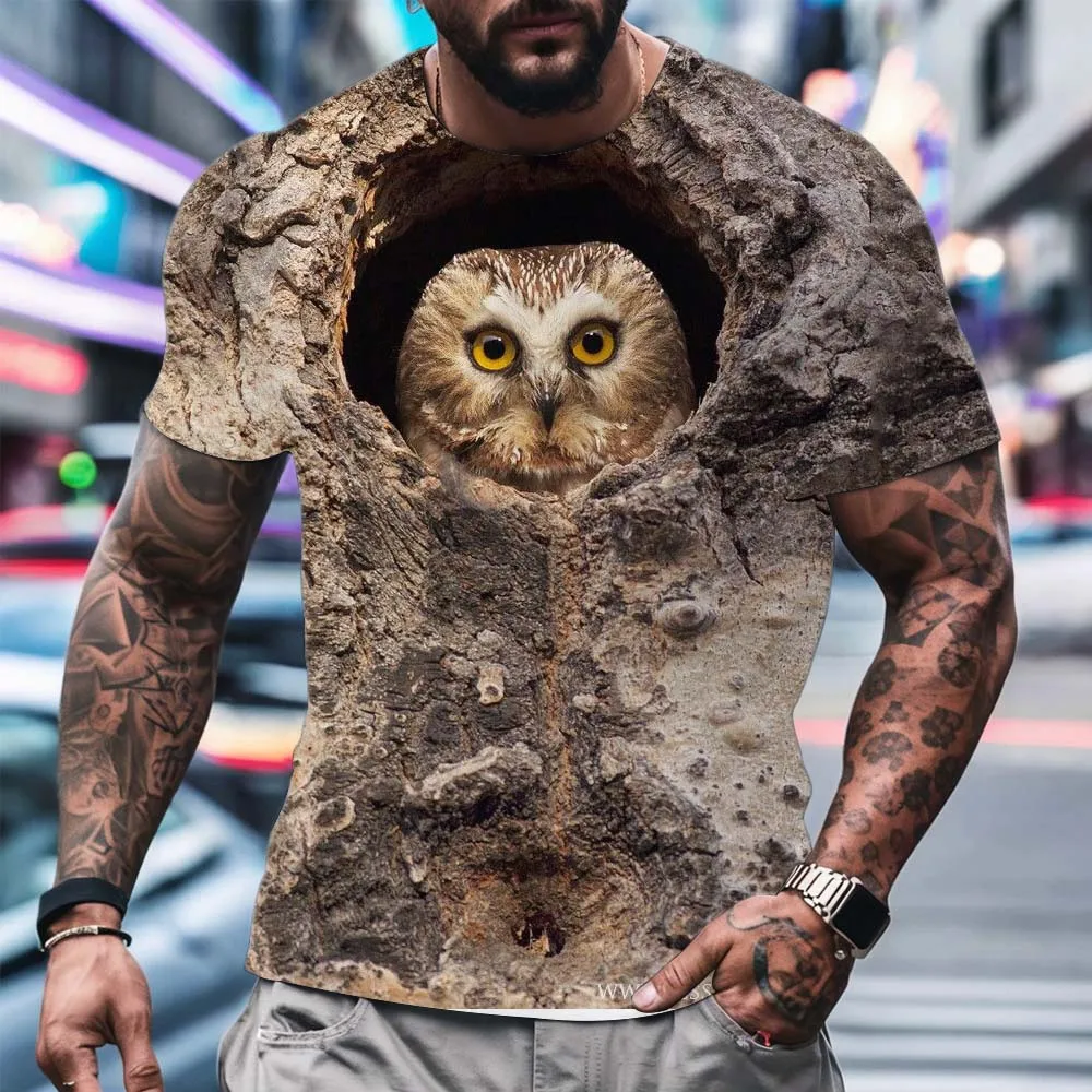 2025 Summer T-shirt Fun Animal Owl 3d Hd Print Round Neck T-shirt Loose Oversized Polyester Clothing Tropical Men's Street Wear