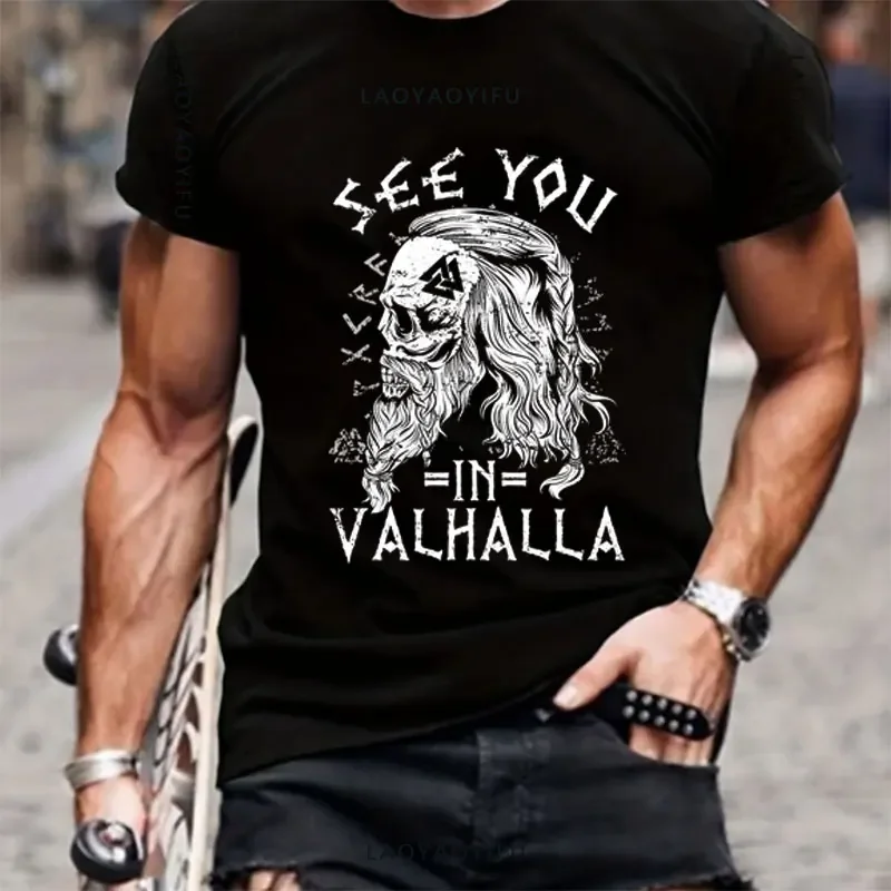 Til Valhalla Cotton T-Shirt  American Beard Warrior Tactical Skull Unisex T Shirt Short Sleeve O-Neck T-shirt Casual Men’s Top