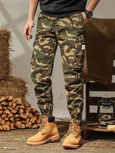 Imagen 1 del producto Pantalones Cargo de algodón de Color camuflaje para hombre, pantalones de camuflaje con múltiples Bolsillos de solapa, pantalones casuales sueltos para exteriores, pantalones de trabajo para hombre