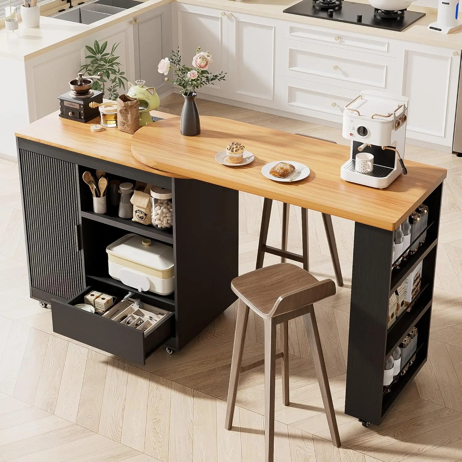 

Rolling Kitchen Island with 360° Swivel Table,Storage Cabinet,Drawers, Power Outlet,Mobile Kitchen Cart on Wheels, Island Ta