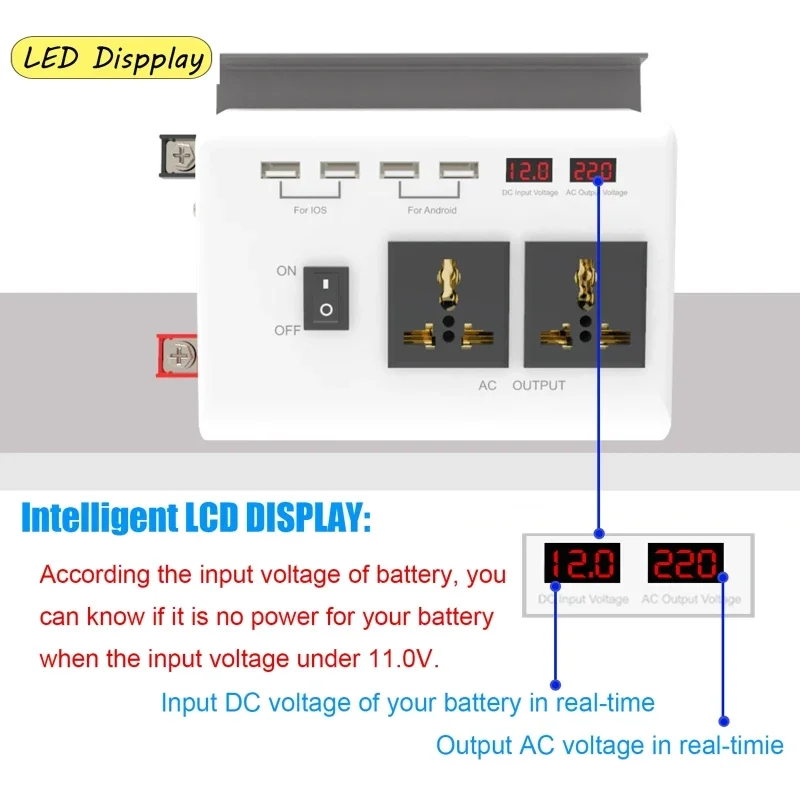 12V to 110V /220V 300W Intelligent LCD Dual Display Inverter 4 USB Fast Charging Car Converter Modified Sine Wave Power Inverter