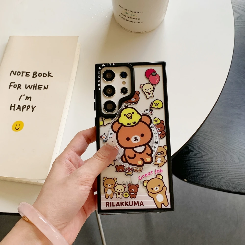 Cute Cartoon Rilakkuma Bear Magnetic Holder Magsafe Wireless Charge Phone Case For Samsung Galaxy S26 25 24 23 Ultra Puls Cover view 6