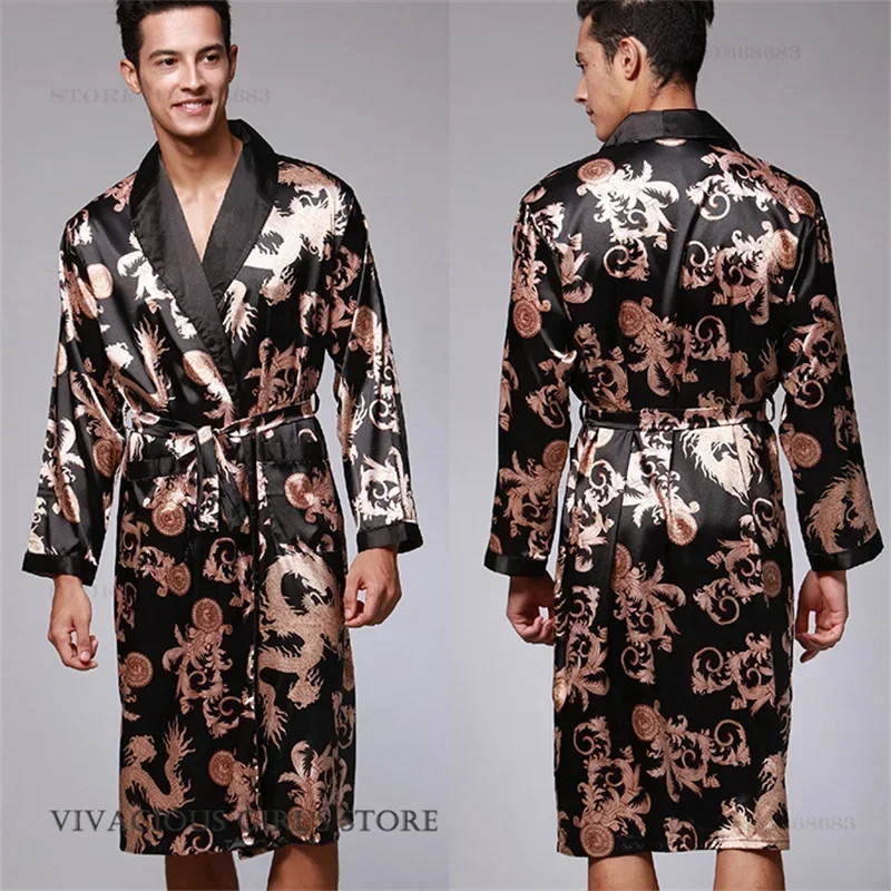 Print Dragon Robe Negligee Large Size Men Bathrobe Kimono Gown Spring Summer Sleepwear Loose Satin Pajamas Homewear Loungewear