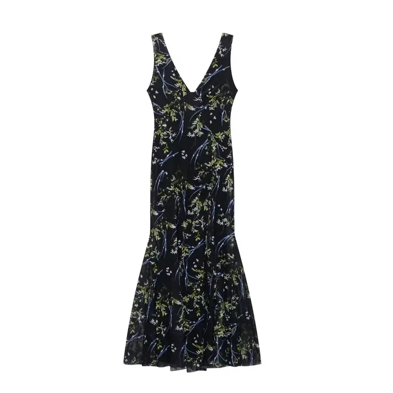 Vestido feminino vintage com suspensório para férias, estampa floral, malha, decote em v, halter, maxi vestido, novo verão, praia, festa
