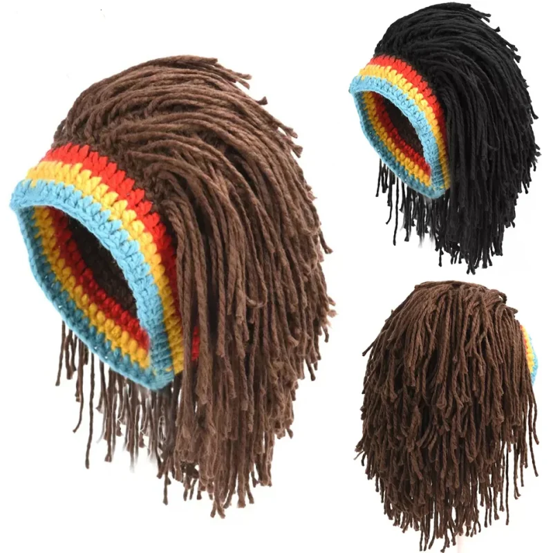 Halloween Cosplay Party Wig Hat Beanie Headress Props Jamaica Reggae Caribbean Pirate Cap Braid Dreadlocks Handmade Crochet Hat