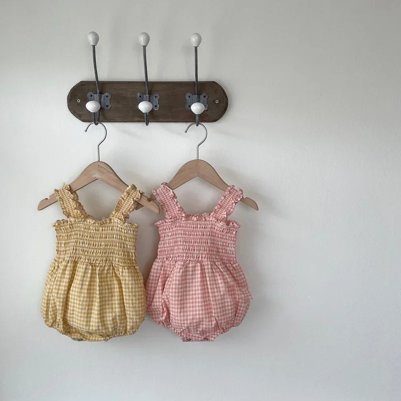 2026 Summer New Baby Sleeveless Bodysuit Cotton Infant Girl Plaid Sling Jumpsuit Newborn Toddler Princess Clothes 0-24M