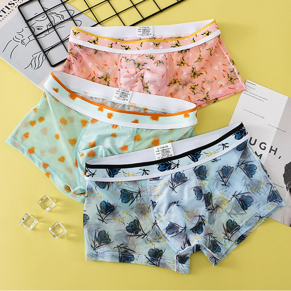 

Floral Print Mensshorts Swimming Trunks Breathable Comfy Ice Silk Briefs Shorts U Convex Pouch Underpants Underwear