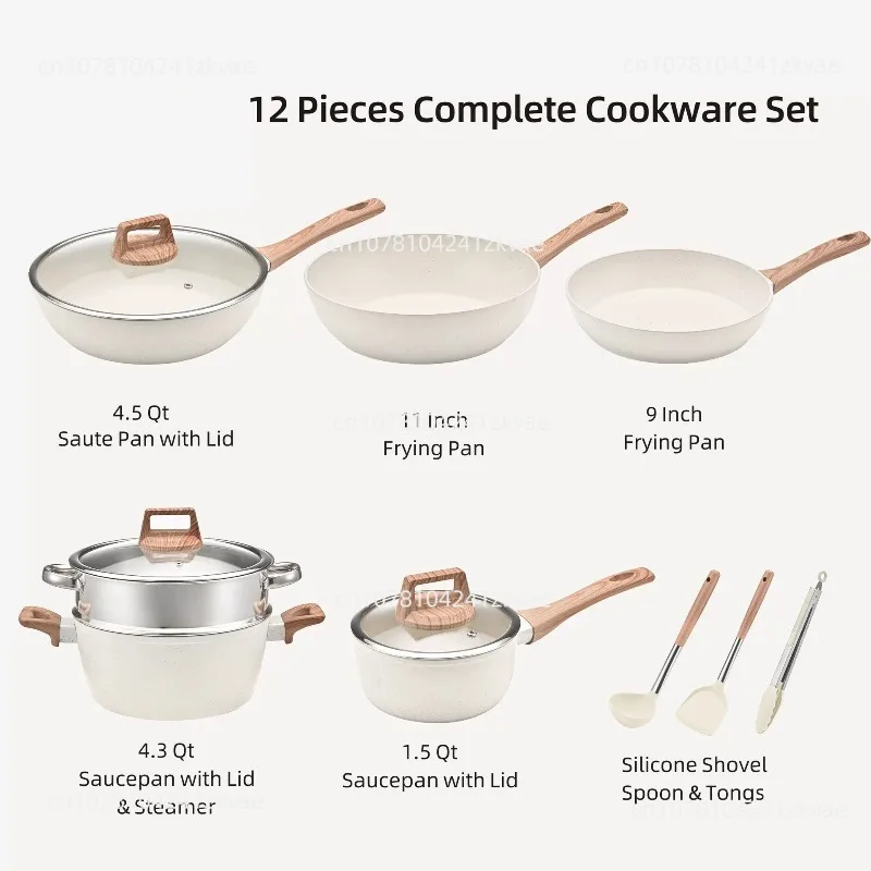 Non‑Stick 12‑Pcs Cookware Set Household Kitchen Pot Kit With Frying Pan Wok Soup Pot Steamer
