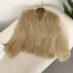 OFTBUY-abrigo de piel auténtica de mapache para mujer, chaqueta de piel Natural gruesa de punto de doble cara, abrigo de invierno de manga larga con cuello en V para mujer