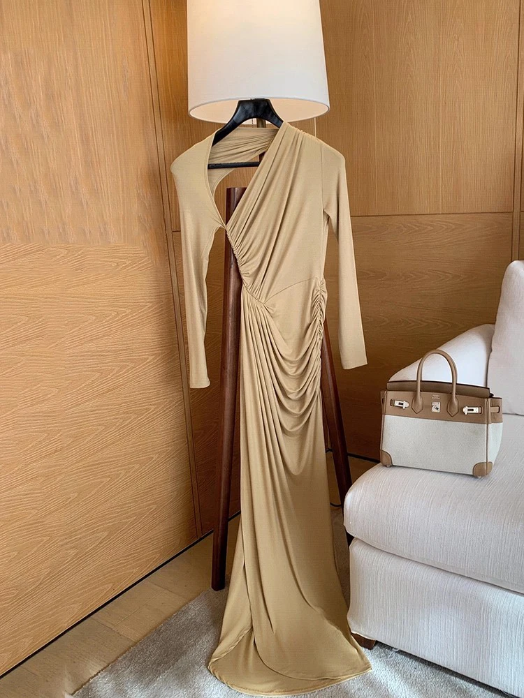 REDDACHiC Abito aderente ritagliato da donna Casual tinta unita maniche lunghe lusinghiero abito maxi diviso increspato Abiti autunnali piuttosto eleganti