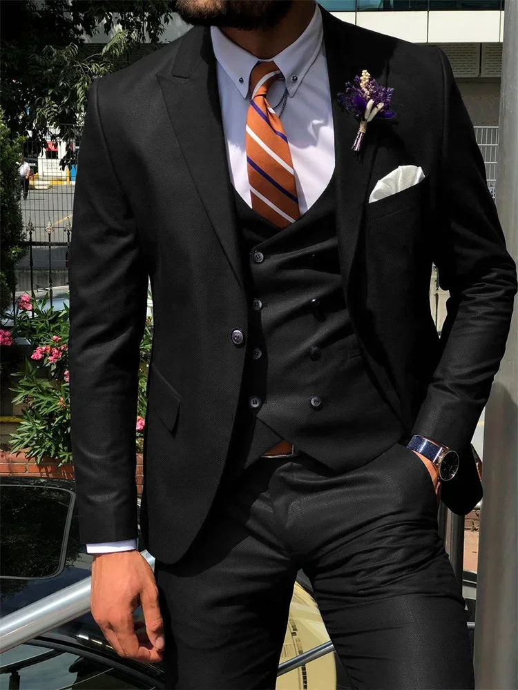 Ternos masculinos slim fit, moda para noivo italiano, smoking de casamento para baile de formatura, 3 peças, roupas masculinas personalizadas (jaqueta + colete + calça)