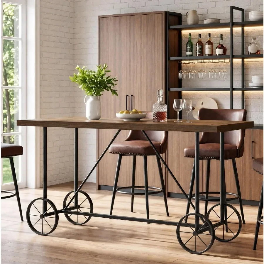 63-Inch Long Bar Table, Counter Bar Height Table with Bicycle-Style Metal Base, Industrial Rectangular Hightop Bar Pub, for Kit