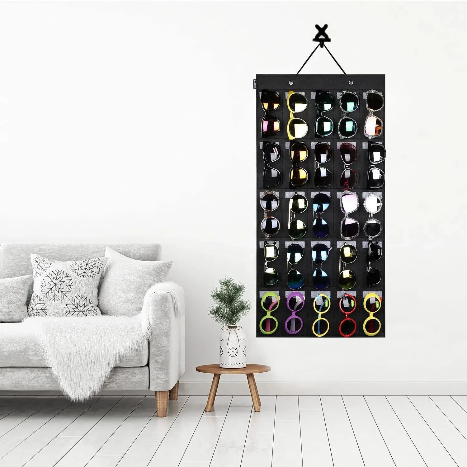 Sunglasses Storage Hanging Bag - 15 or 25 Felt Slot Sunglasses Organiser Eyeglasses Display with Sturdy Cord