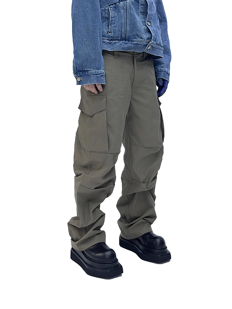 

Gray Green Large Pocket Knee Double Pleated Design Loose Casual Straight Pants Men's Wrapping Washed Cargo Pants Outdoor Pants