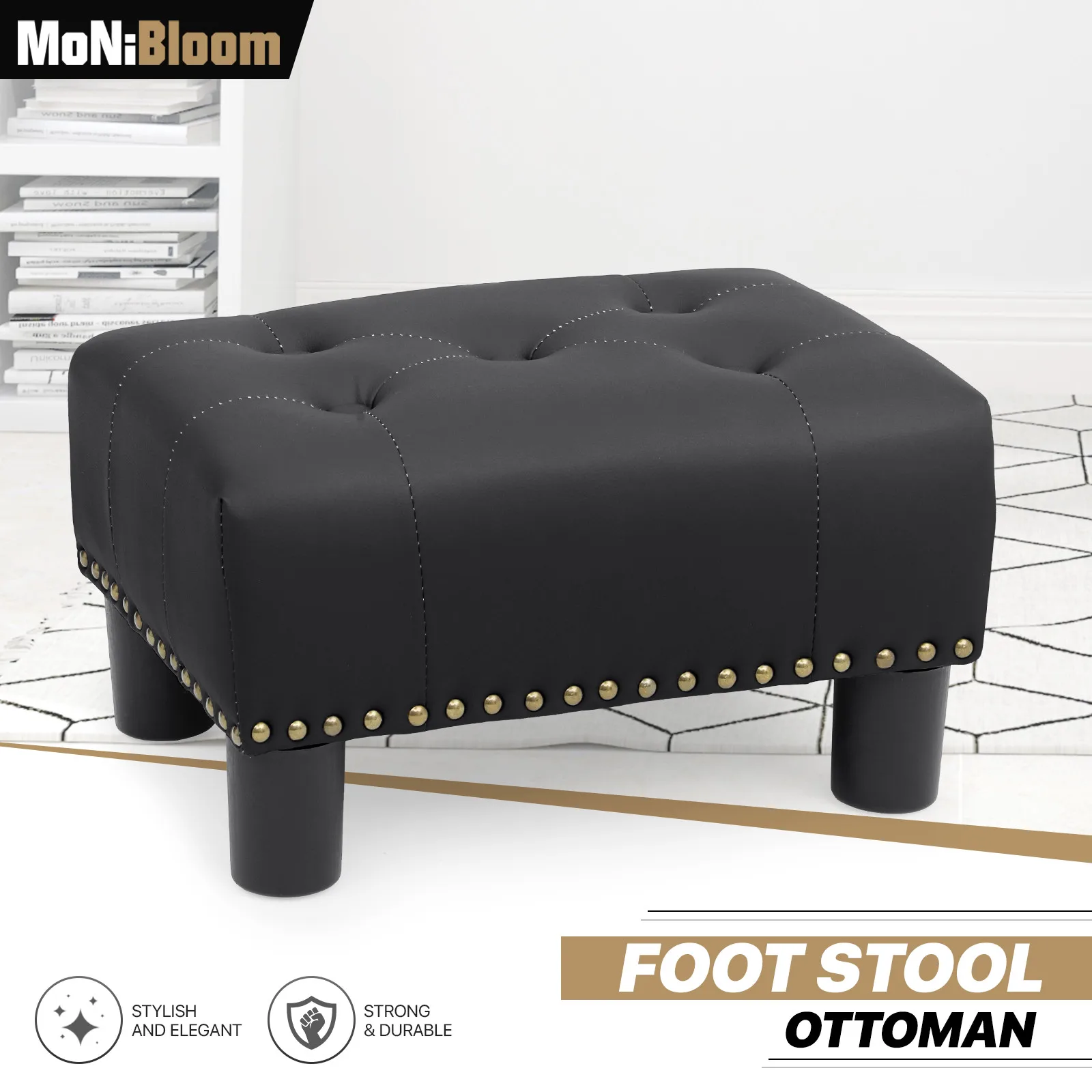 

15"Black Rectangular Ottoman Bench Leather Upholstered Tufted Lift Top Footstool