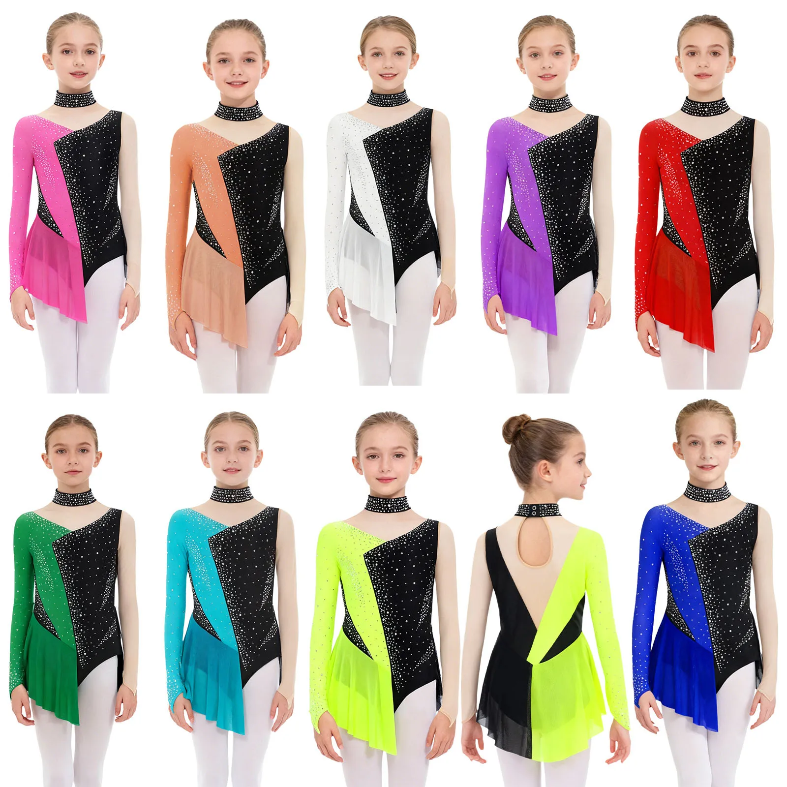 Girls Gymnastics Ballet Dance Costume Figure Skating Leotard Dress Long Sleeve Sheer Mesh Rhinestone Rhythmic Lyrical Bodysuit