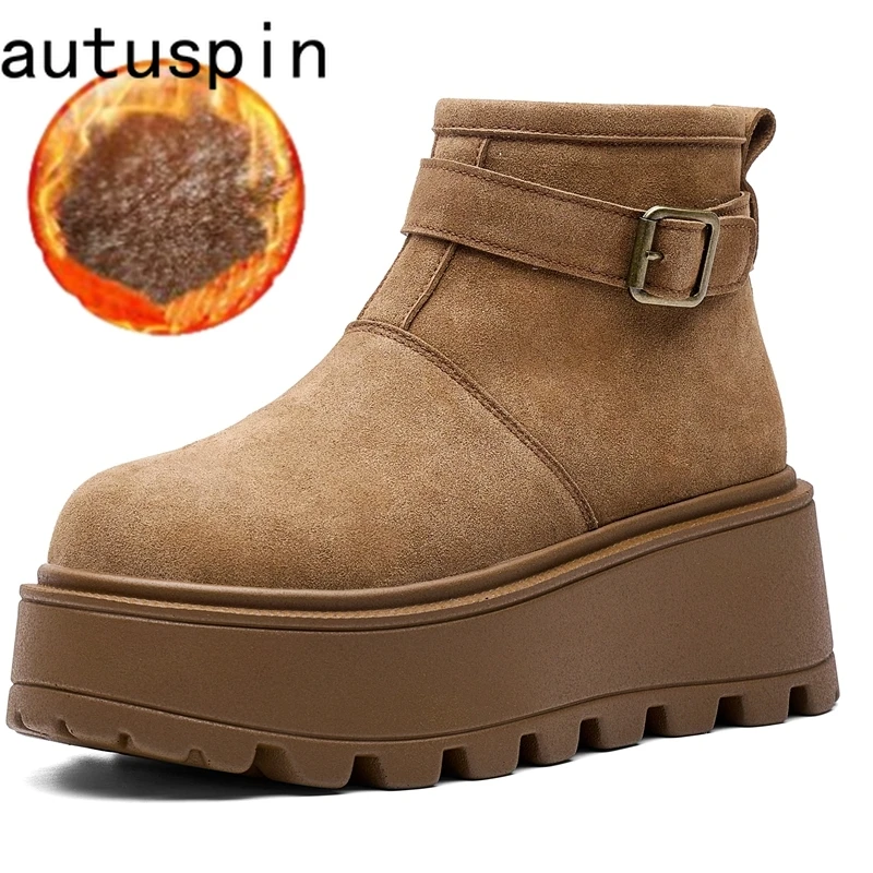 

AUTUSPIN Winter Genuine Leather Snow Boots for Woman Trendy Tide Platform Shoes Thicken Warm Plush Ladies Ankle Boot Size 34-40