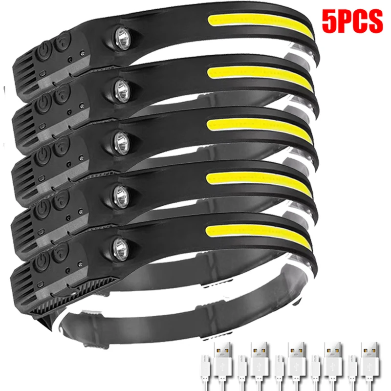 1~5Pack Headlamp USB Rechargeable LED Sensor Flashlight XPE+COB Torch Camping Waterproof Headlight for Fishing Lantern, image 7