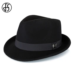 FS Gentleman Black Jazz Pork Pie Hats For Men Trilby Panama Cap Winter 100% Wool Felt Fedora Wedding Party Small Top Hat