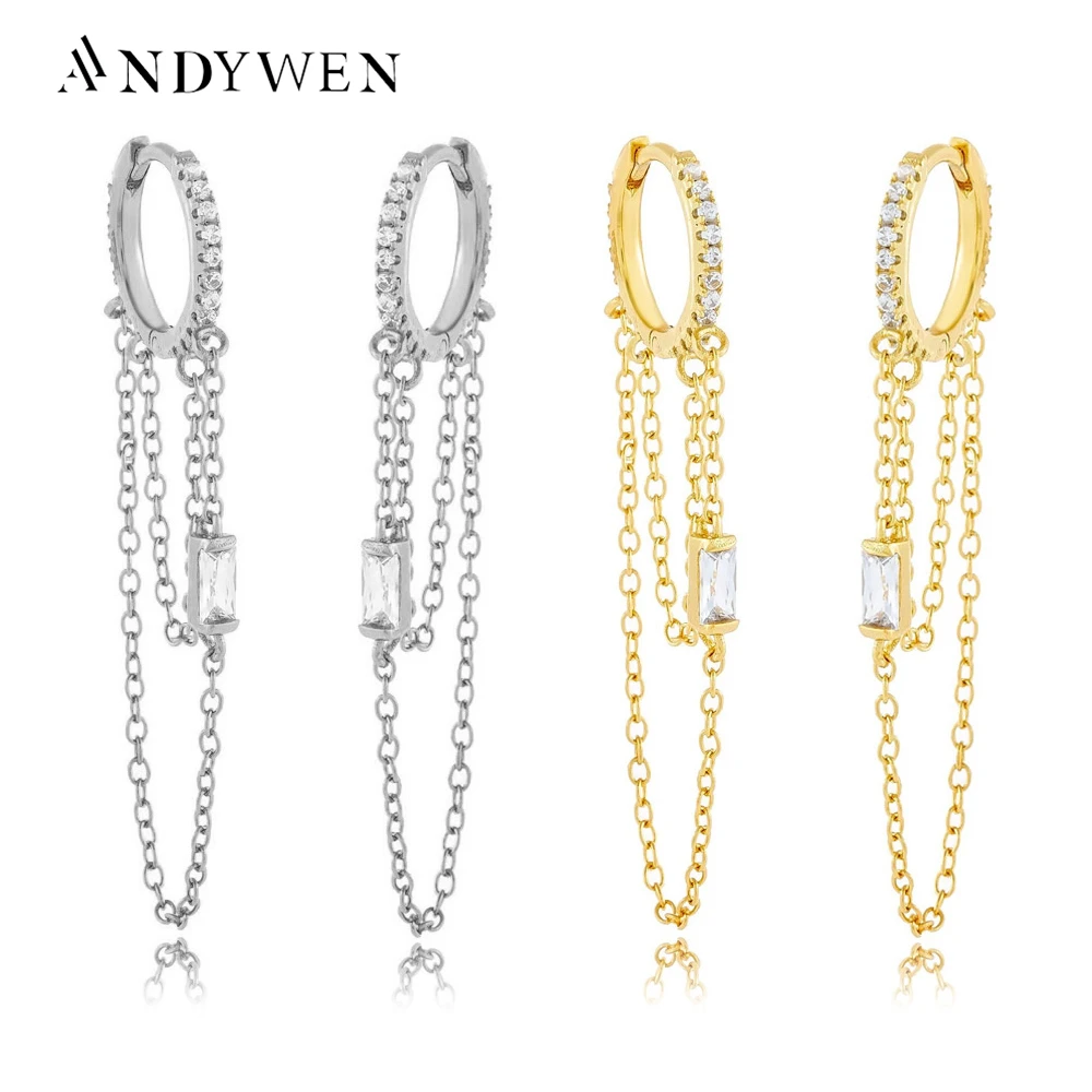 

ANDYWEN 925 Sterling Silver Long Chain Hoops Line Crystal CZ Loops Circle Double Chain Round Piercing Women Luxury Jewelry