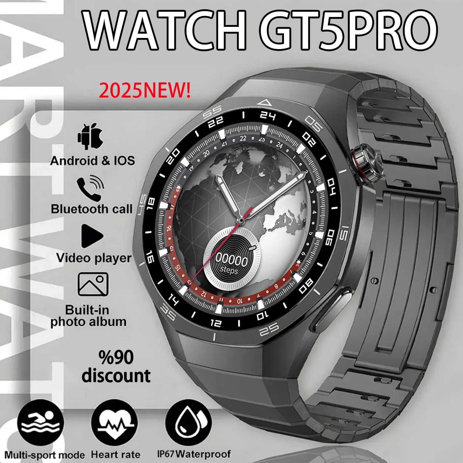 Fashion GT5 Pro Smart Watch Men 1.52 HD AMOLED Screen Long Battery Life Bluetooth Call Sport Tracker Health Monitor Luxury Watch